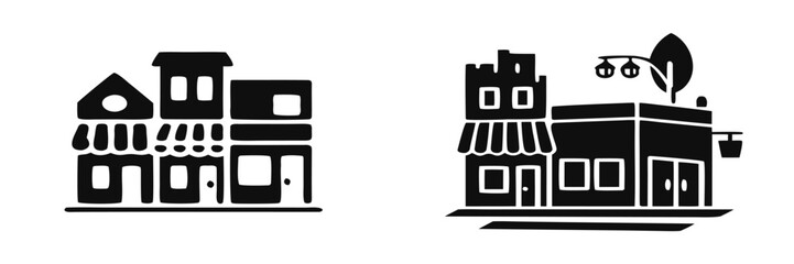 Set of black and white storefront icons representing a small town main street with various building facades and shops   © LEAKAT