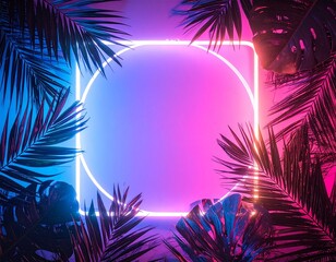 A vibrant neon frame with a glowing circle and square, surrounded by dark tropical palm leaves.