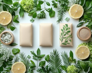 Fresh, eco-friendly soap, surrounded by greenery and citrus