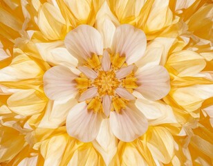 A symmetrical, kaleidoscopic close-up of a yellow and white flower with intricate petal details.