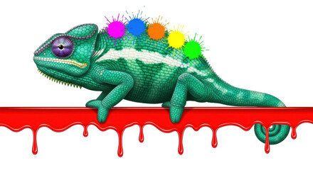 Isolated Colorful Chameleon Resting on a Bright Red Bar, Exotic Pet with Vibrant Paint Spatters