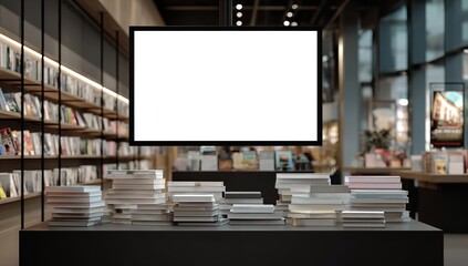 Blank Digital Display with Black Frame in Modern Bookstore – Surrounded by Stacks of Books on Table