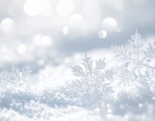 Close-up of delicate snowflakes resting on a bed of fresh, glistening snow, winter scene.