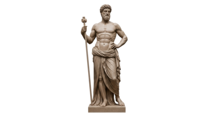 Isolated statue of Greek god Poseidon or Neptune, holding trident, muscular build, draped fabric