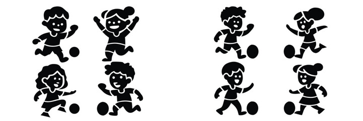 Black silhouette icons of diverse children playing soccer, depicting sports and activity on a white background 
