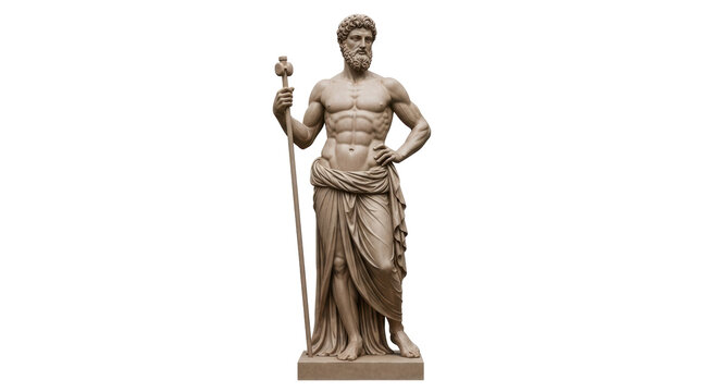 Isolated statue of Greek god Poseidon or Neptune, holding trident, muscular build, draped fabric