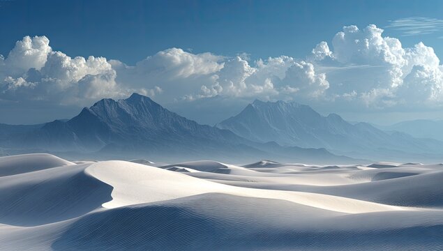 Vast white sand dunes stretch towards a hazy mountain range under a vibrant sky filled with cumulus clouds - Powered by Adobe