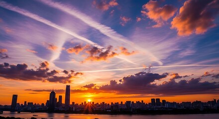 Vibrant Sunset over City Skyline with Contrails.