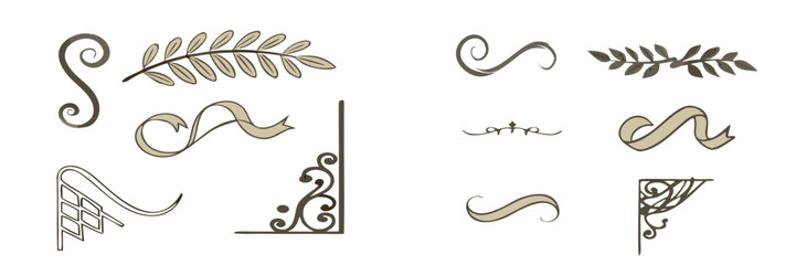 Elegant vintage decorative elements with ornate swirls, ribbons, and botanical leaf branches for classic design projects and embellishments 
