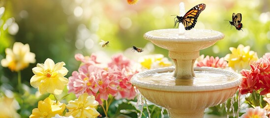 Serene Garden Oasis: Butterflies & Bees at a Two-Tiered Fountain