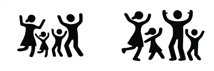 Happy family jumping for joy silhouette icon set with parents and children celebrating together in black and white 
