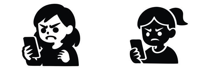 Icon set of an angry woman looking at her smartphone, representing concepts of cyberbullying, online harassment, and social media stress 