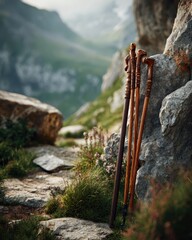 Three Hand-Carved Wooden Hiking Sticks Resting on a Scenic Alpine Mountain Path