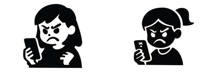 Icon set of an angry woman looking at her smartphone, representing concepts of cyberbullying, online harassment, and social media stress 