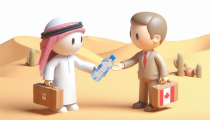 Obraz premium Business exchange between cultures desert landscape digital illustration collaborative spirit perspective on resource sharing