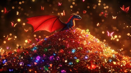 Enchanting Dragon Amidst a Mountain of Sparkling Gems and Butterflies