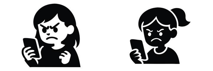 Icon set of an angry woman looking at her smartphone, representing concepts of cyberbullying, online harassment, and social media stress 