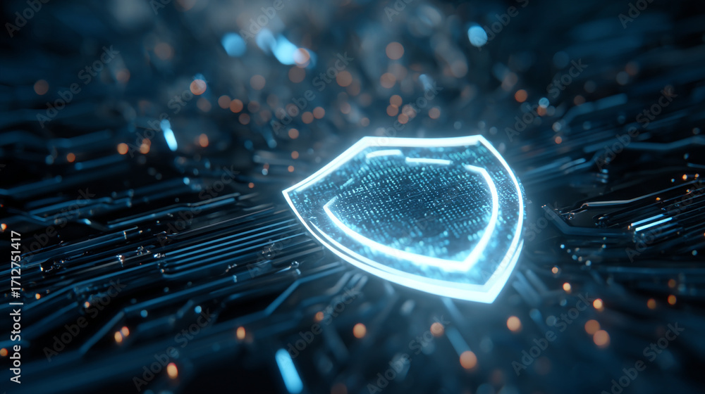 Poster glowing shield icon on a dark circuit board background with bokeh lights effect