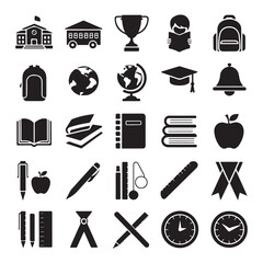 School and Education Silhouette Icon Set, Books, Pencils, Clock, Globe, Backpack, Learning Tools