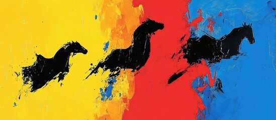 Abstract Expressionist Black Horses Galloping Through Vibrant Color Blocks