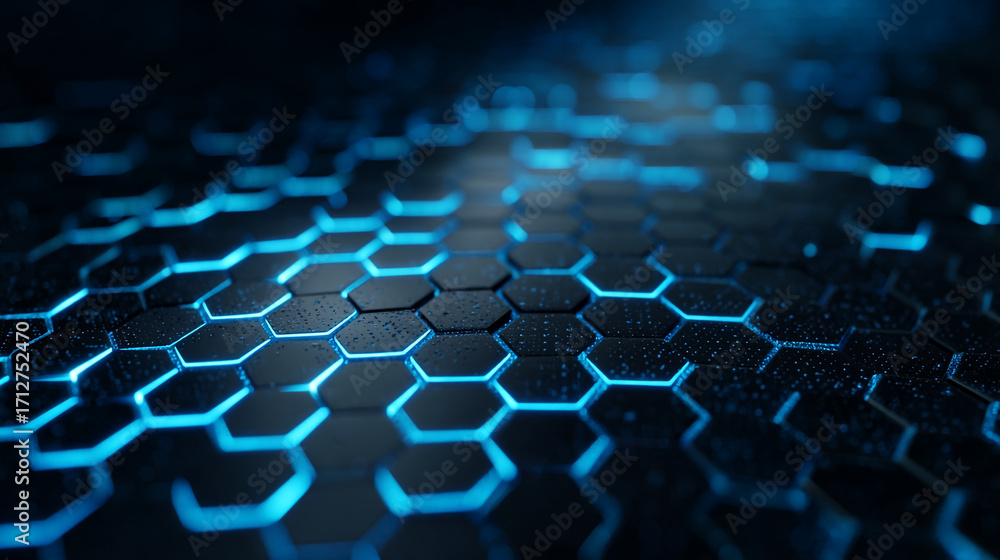 Poster a dark surface with a pattern of hexagons highlighted with bright blue lines