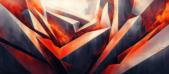 Fiery Abstract Geometric Forms with Dramatic Lighting and Textured Surfaces