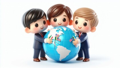 Global teamwork illustration business theme children embracing earth cartoon style creative environment