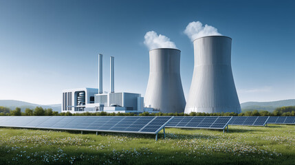 Obraz premium Nuclear Power Plant with Solar Panels in Green Landscape 