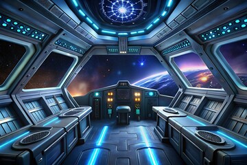 Futuristic spaceship cockpit with view of earth and stars