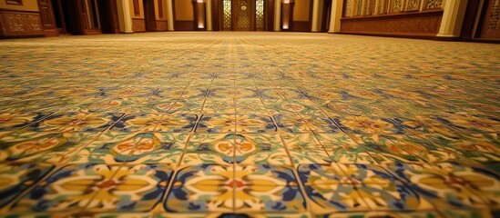 Intricate Floor Tiles, Ornate Pattern, Golden Hues, Majestic Hallway