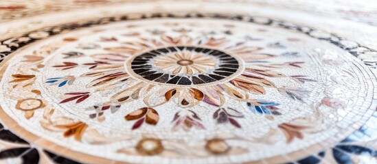 Intricate Floral Mosaic Tabletop with Soft Bokeh and Warm Earthy Tones