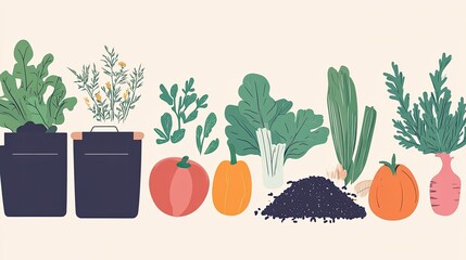 Whimsical Vegetable Garden Illustration with Pots, Tomatoes, and Leafy Greens