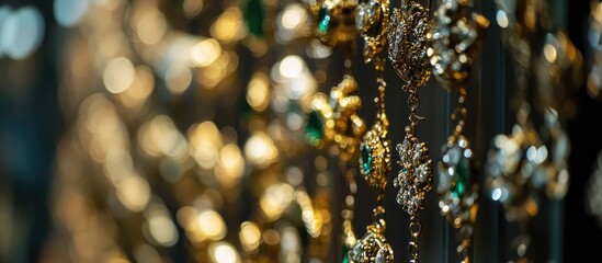 Opulent Gold and Emerald Jewelry Sparkles with Intricate Details Against a Warm Bokeh Glow