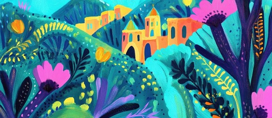 Vibrant Hillside Village Painting in a Dreamscape of Teal and Magenta Flora