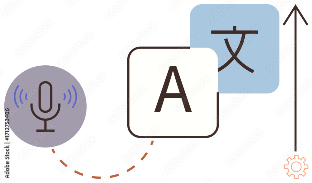 Poster microphone icon and alphabet blocks represent voice recognition and language translation with an upw