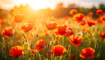 Poppy Field at Sunset Blooming with Red Flowers