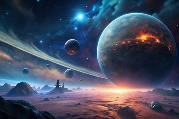 Alien planet landscape with ringed gas giant and distant stars
