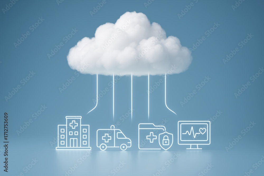 Poster cloud-based healthcare integration: a conceptual illustration depicting a cloud seamlessly linking a