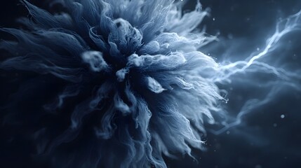 Close up abstract digital render of swirling blue smoke and ethereal strands intersected by a powerful jagged electric lightning bolt in a dark atmospheric background