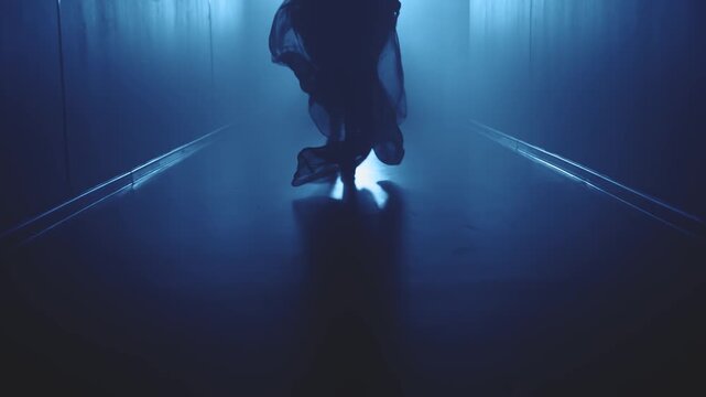 dark silhouette woman running away along black corridor hall. Adult girl in long train hem skirt silk fabric dress fly in slow motion back rear view horror creepy night scene blue color light film