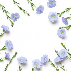 Fototapeta premium flax flowers or Linum usitatissimum on a white background with copy space for your text. Top view, flat lay