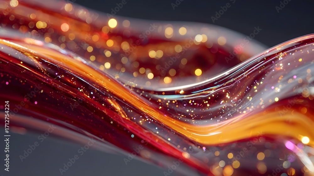 Poster close up abstract view of a swirling translucent fluid stream in rich red and orange hues illuminate
