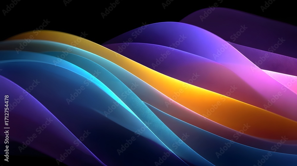 Poster abstract flowing ribbons of vibrant colors in purple blue cyan orange and pink create a luminous dyn