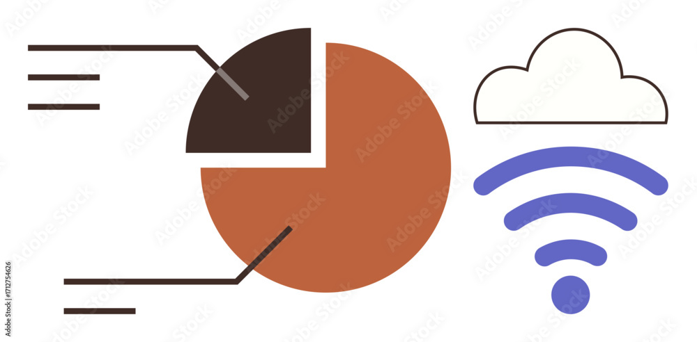 Poster pie chart with labeled segments, cloud icon, and wireless signal representation. ideal for analytics