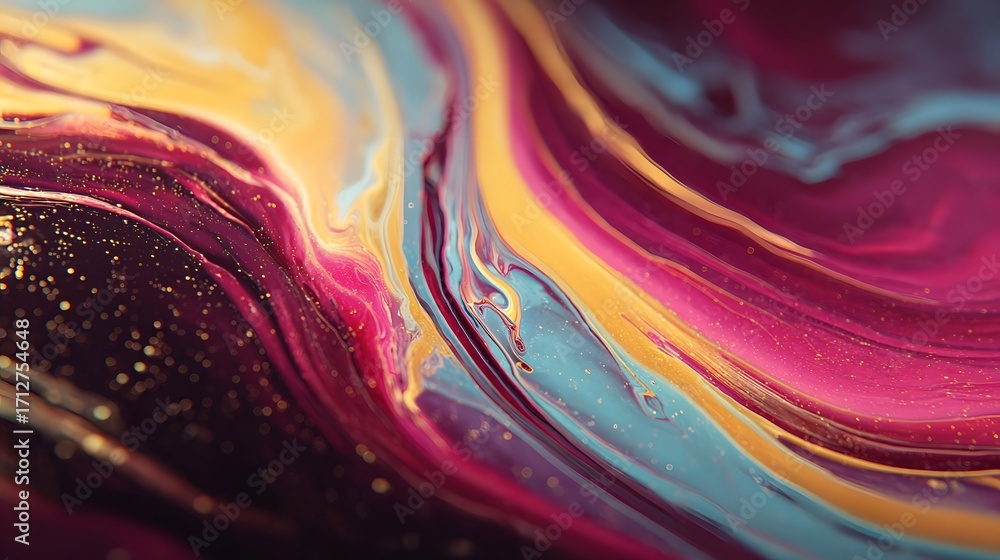 Poster close up view of luxurious fluid abstract art showcasing a dynamic swirl of rich magenta bright teal