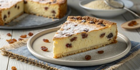 Polish cheesecake: Photo of a large piece of traditional Polish cheesecake with raisins. Style: homemade, rustic.