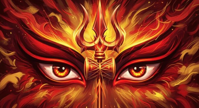 Lord shivas fiery eyes with trishul, a symbol of power and destruction