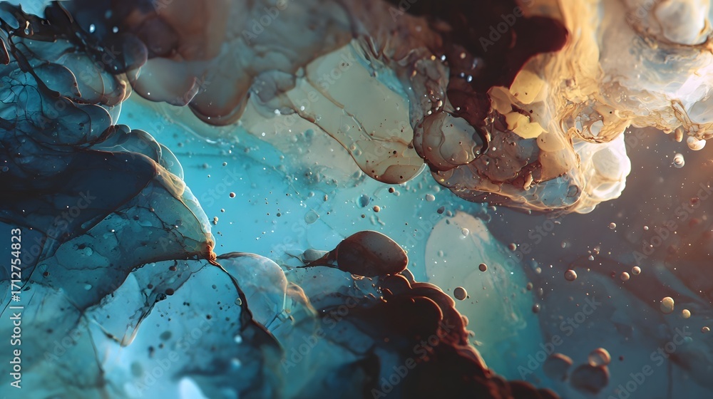 Poster A ro view of abstract fluid dynamics featuring organic swirling shapes translucent bubbles and a vibrant gradient of blues and golds