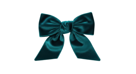 Isolated teal green velvet bow close-up, cute ribbon for gift wrap, festive decoration