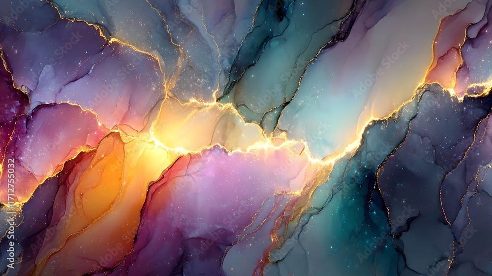 Poster an abstract marbled background featuring flowing streams of vibrant purple pink orange and teal colo